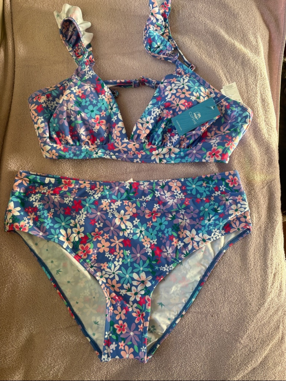 Cupshe Womens Floral Blue High-Waist Bikini Set